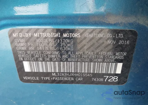 2017 Mitsubishi Mirage Es из США, поврежденный, VIN ML32A3HJXHH015545